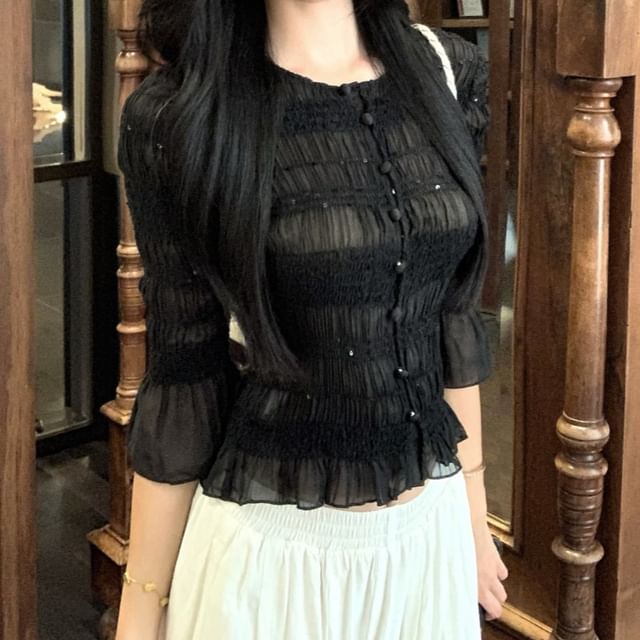 Ruched Elbow-Sleeve Solid-Tone Blouse with Soft Drape