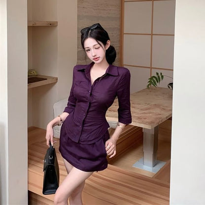Slim-Fit Elbow-Sleeve Blouse & Mid-Rise Mini Pencil Skirt Combo