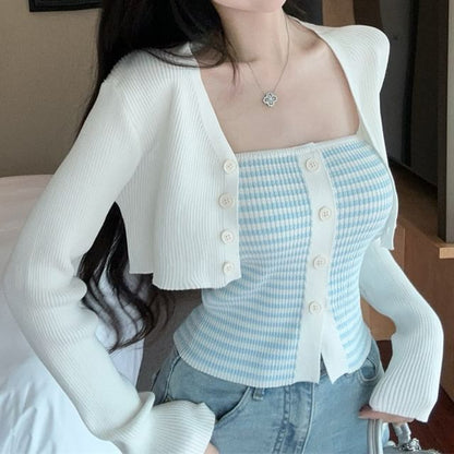 Striped Strapless Button-Up Blouse & Ribbed Cropped Knit Cardigan