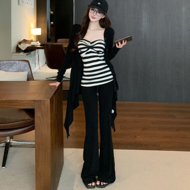 Striped Strapless Top, Asymmetrical Cardigan & Flared Pants Set