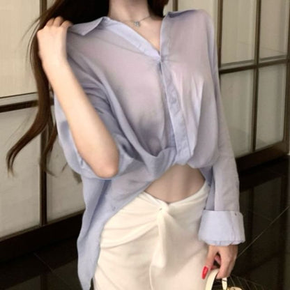 Asymmetrical Long-Sleeve Crop Shirt & Side-Slit Ruched Maxi Skirt