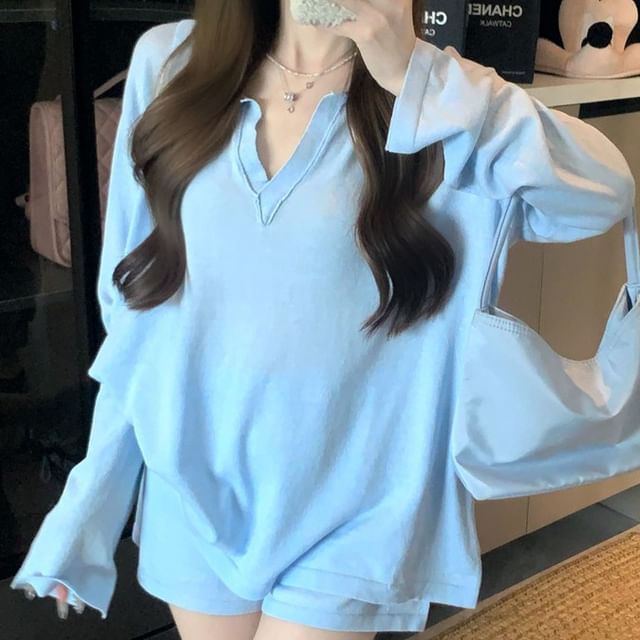 Collared Long-Sleeve Solid Tee & Mid-Rise Shorts Two-Piece