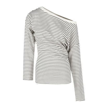Striped One-Shoulder Long-Sleeve Tee & Drawstring Hot Pants Duo