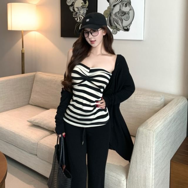 Striped Strapless Top, Asymmetrical Cardigan & Flared Pants Set