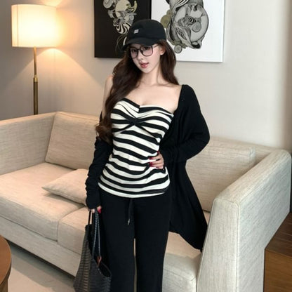 Striped Strapless Top, Asymmetrical Cardigan & Flared Pants Set