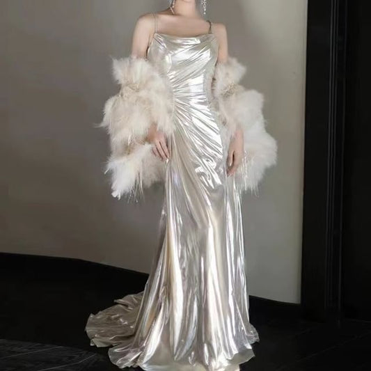 Fluffy Set Evening Spaghetti Shawl Plain / Strap Ruched A-Line Metallic Gown