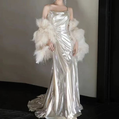 Spaghetti Strap Plain Metallic Ruched A-Line Evening Gown / Fluffy Shawl / Set