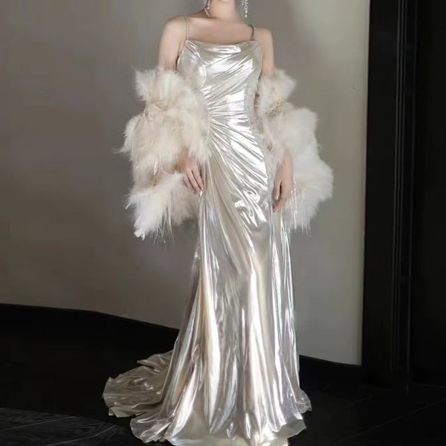 Spaghetti Strap Plain Metallic Ruched A-Line Evening Gown / Fluffy Shawl / Set