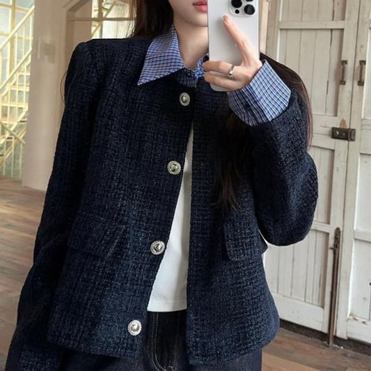 Collared Plaid Mock Two Piece Panel Tweed Button Jacket