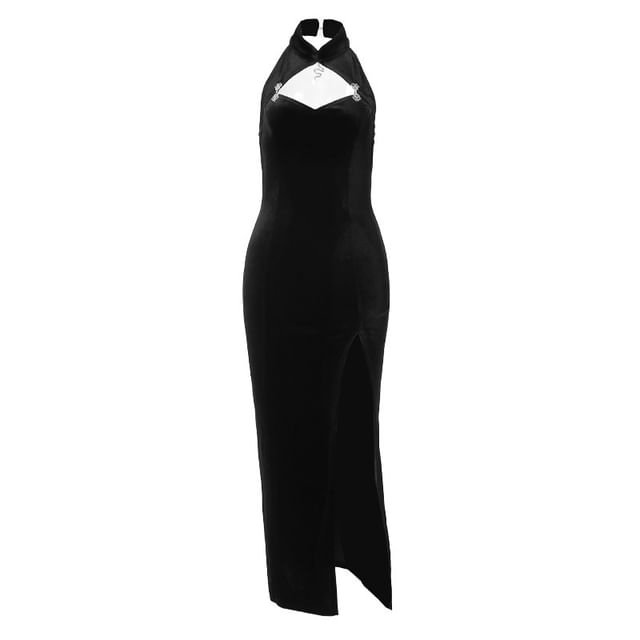 Halter Plain Cutout Slit Velvet Midi Qipao / Lace Bolero Jacket