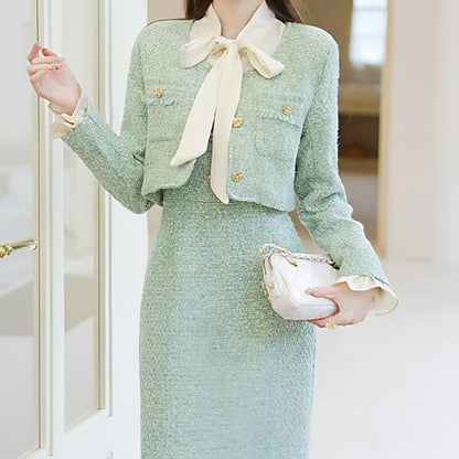 Button-Up Tweed Crop Jacket / Mock Two-Piece Long-Sleeve Maxi Sheath Dress / Set