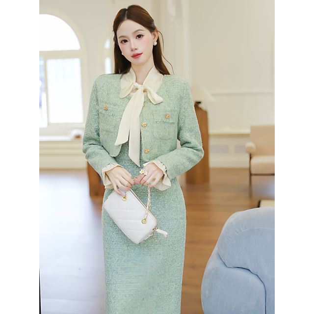 Button-Up Tweed Crop Jacket / Mock Two-Piece Long-Sleeve Maxi Sheath Dress / Set