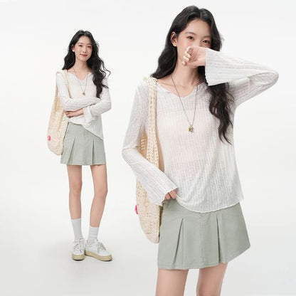Notch Neck Sheer Knit Long Sleeve Solid Blouse