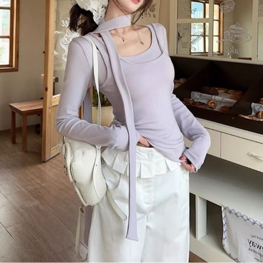 Scoop Neck Tee and Skinny Scarf Mock Layer Set