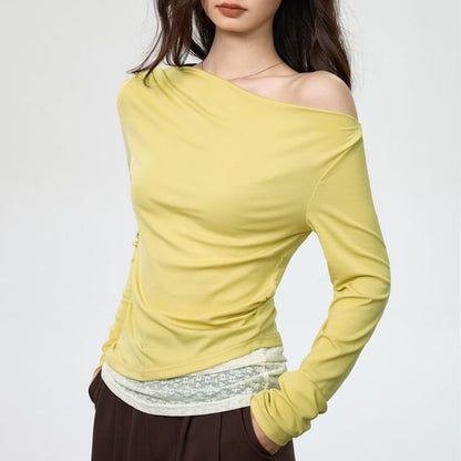 Asymmetric Lace Panel Off Shoulder Slim Tee