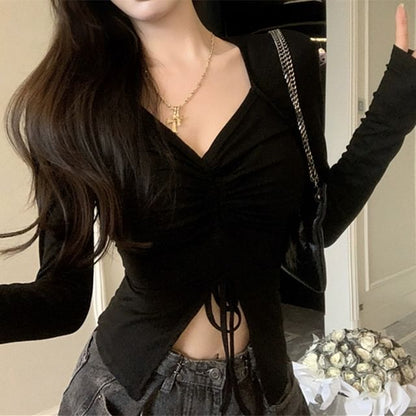 Drawstring Ruched Slit V Neck Crop Long Sleeve Top