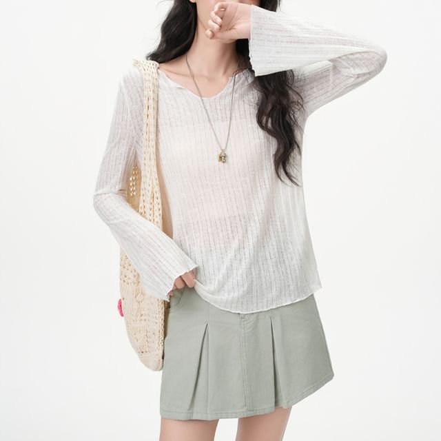 Notch Neck Sheer Knit Long Sleeve Solid Blouse