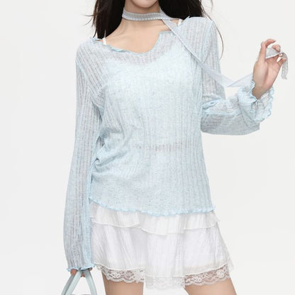 Notch Neck Sheer Knit Long Sleeve Solid Blouse
