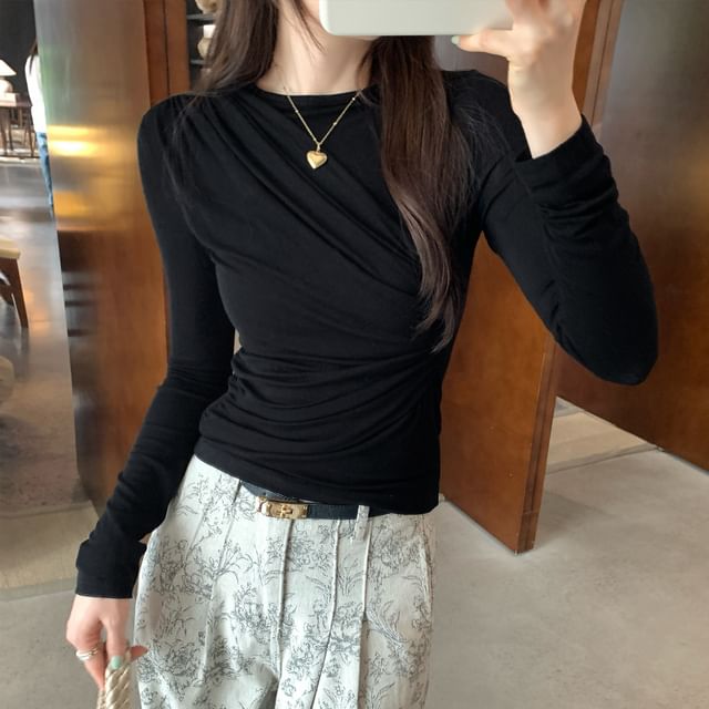 Solid Wrapped Crewneck Long Sleeve Everyday Tee