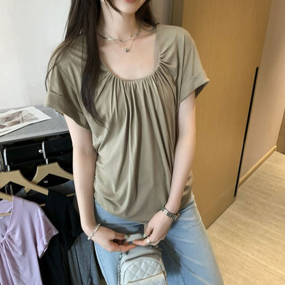 U Neckline Short Sleeve Solid Cropped Tee