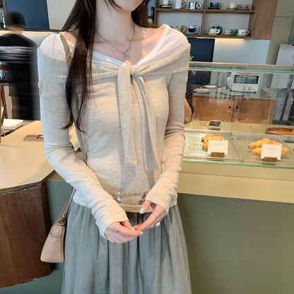 Knot Detail Mock Layer Long Sleeve Solid Top