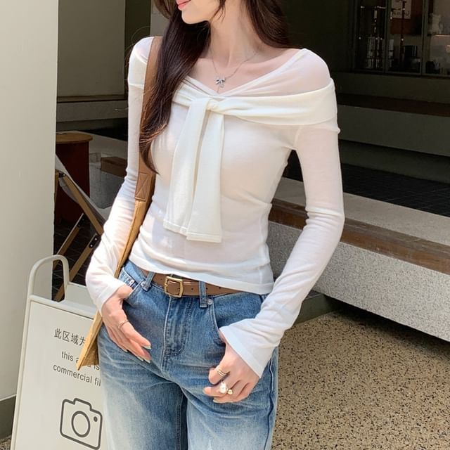 Knot Detail Mock Layer Long Sleeve Solid Top