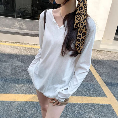 Simple V Neckline Long Sleeve Basic Blouse
