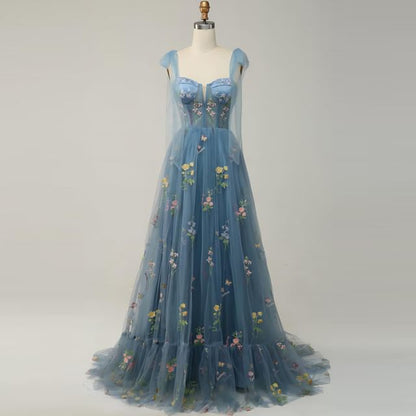 Embroidered Gown Mesh Sleeveless Floral A-Line Evening