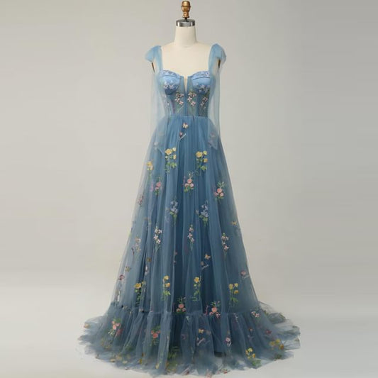 Embroidered Gown Mesh Sleeveless Floral A-Line Evening