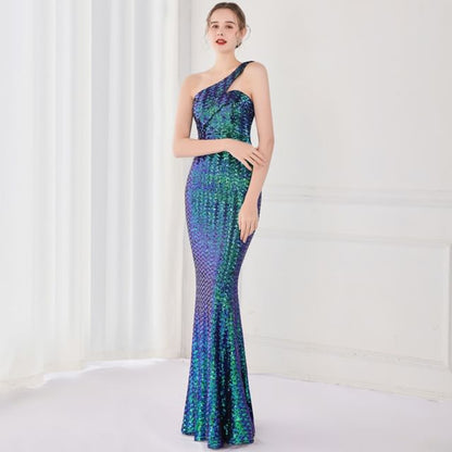 Sequin One-Shoulder Sleeveless Mermaid Gown Evening