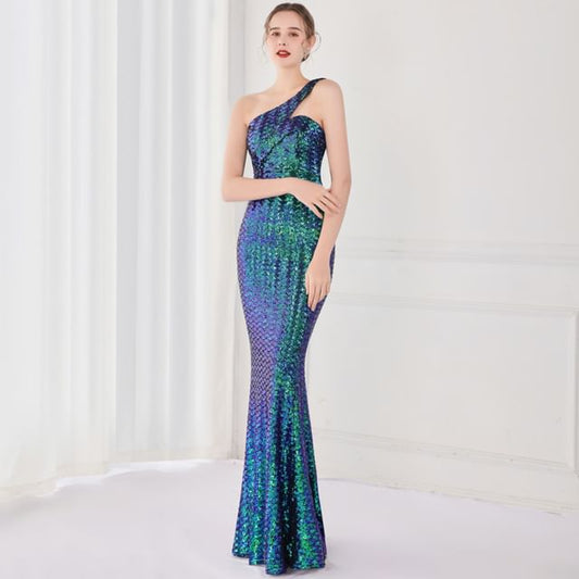 Sequin One-Shoulder Sleeveless Mermaid Gown Evening