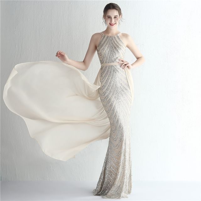 Sequin Sheath Spaghetti Evening Gown Strap