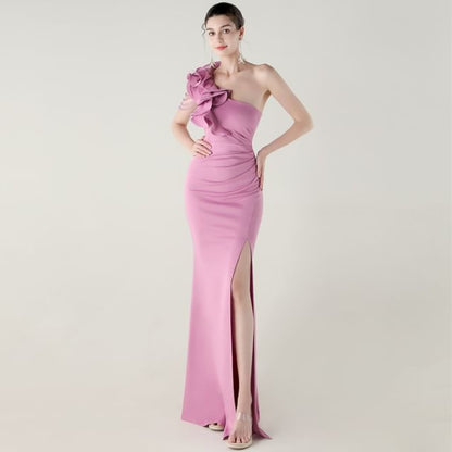 Sleeveless Plain Gown Trim One-Shoulder Sheath Slit Evening Ruffle
