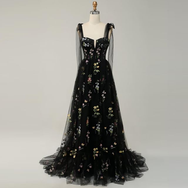 Sleeveless Floral Embroidered Mesh A-Line Evening Gown
