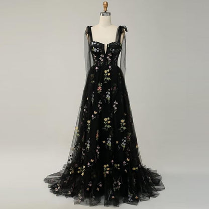 Sleeveless Floral Embroidered Mesh A-Line Evening Gown