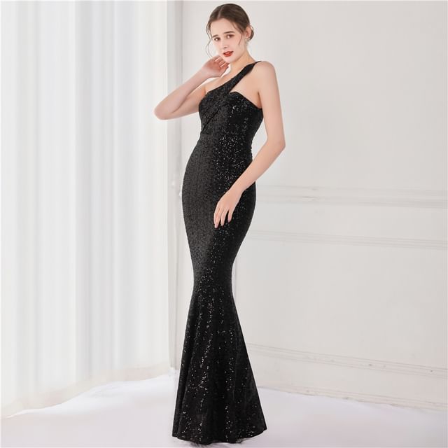 Sleeveless One-Shoulder Sequin Mermaid Evening Gown