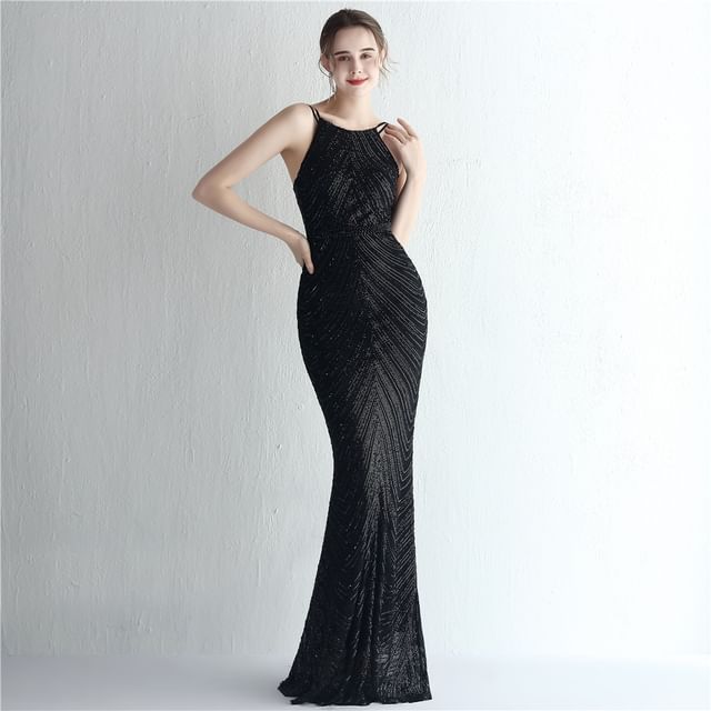 Sequin Sheath Spaghetti Evening Gown Strap