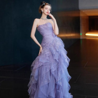 Strapless Tiered Mesh Panel A-Line Evening Gown