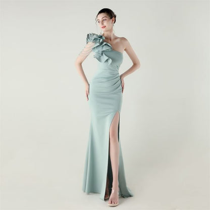 Sleeveless One-Shoulder Plain Ruffle Trim Slit Sheath Evening Gown