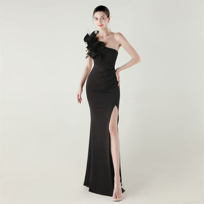 Sleeveless One-Shoulder Plain Ruffle Trim Slit Sheath Evening Gown