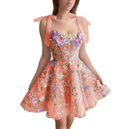 Sleeveless Floral Embroidered Mesh Mini A-Line Corset Cocktail Dress