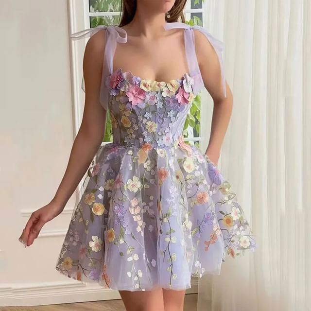 Sleeveless Floral Embroidered Mesh Mini A-Line Corset Cocktail Dress
