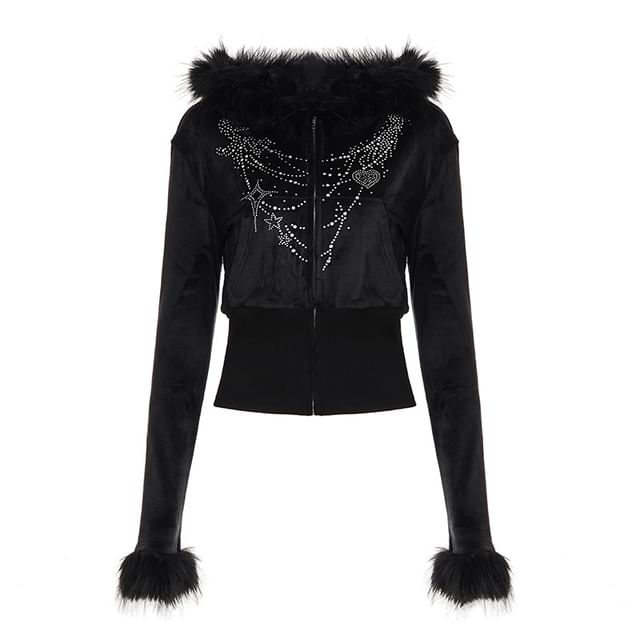 Long Sleeve Rhinestone Furry-Trim Velvet Hooded Zip-Up Jacket