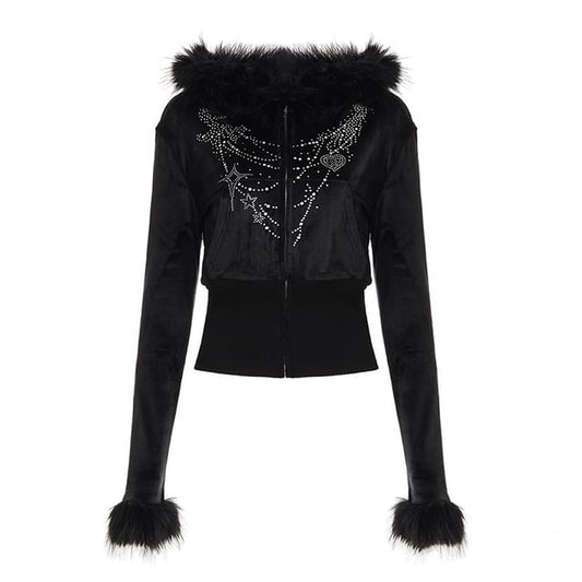 Long Sleeve Rhinestone Furry-Trim Velvet Hooded Zip-Up Jacket