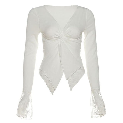 Lace Panel Knotted V Neck Long Sleeve Slim Top