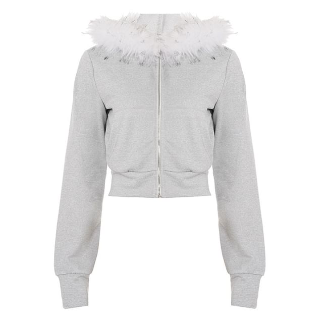 Long Sleeve Furry-Trim Hooded Zip-Up Jacket