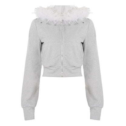 Long Sleeve Furry-Trim Hooded Zip-Up Jacket