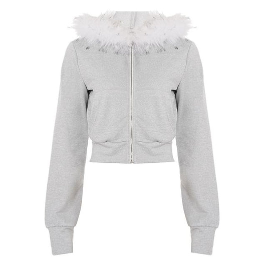 Long Sleeve Furry-Trim Hooded Zip-Up Jacket