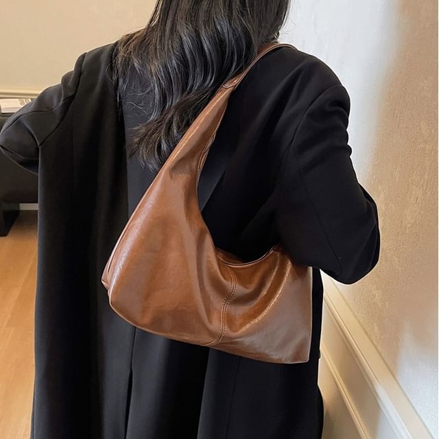Faux Leather Plain Zip Shoulder Bag