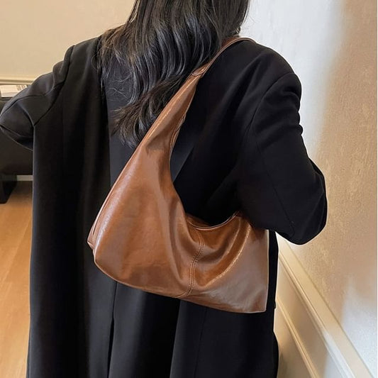 Faux Leather Plain Zip Shoulder Bag